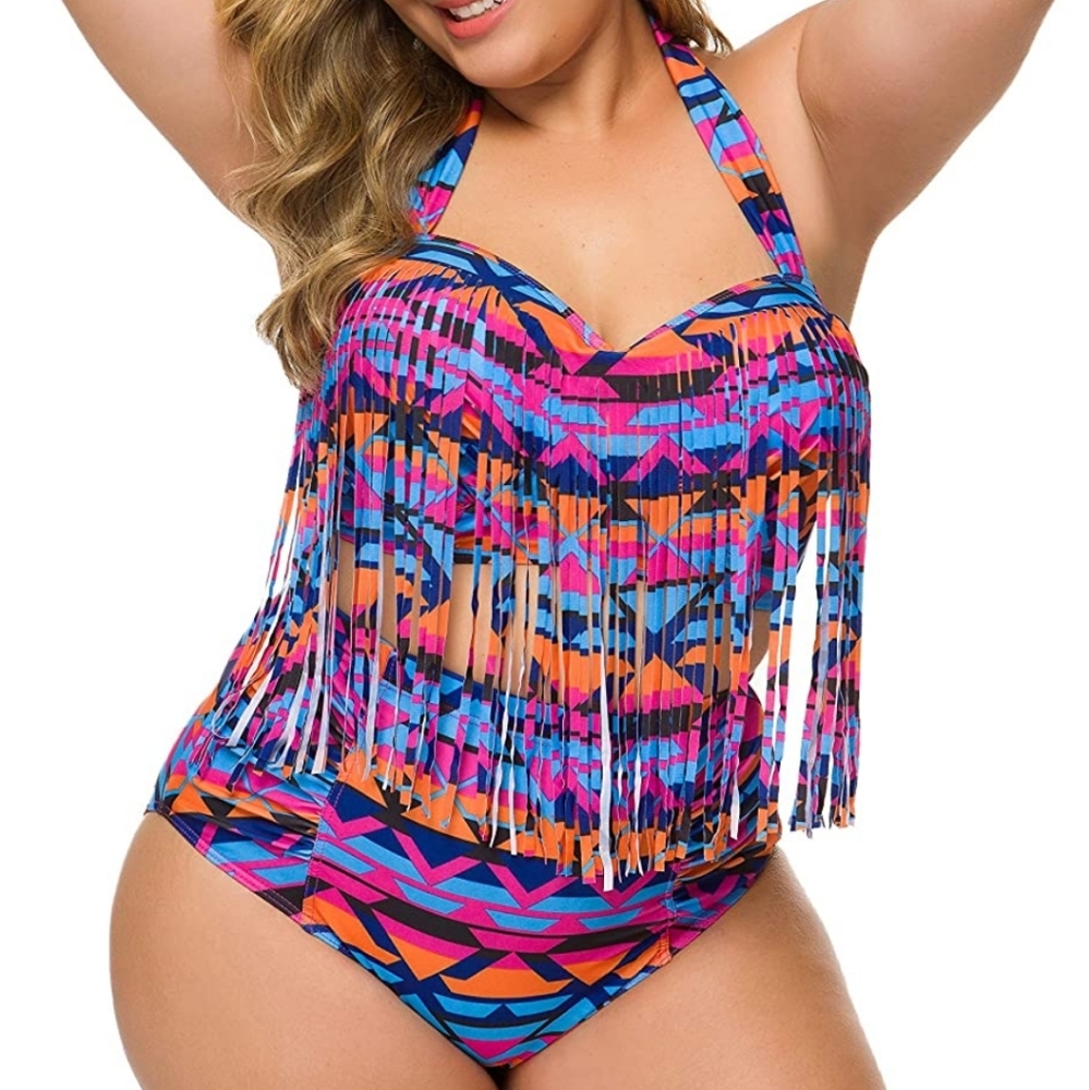 Plus Size High Waist Retro Fringe Bikini Set